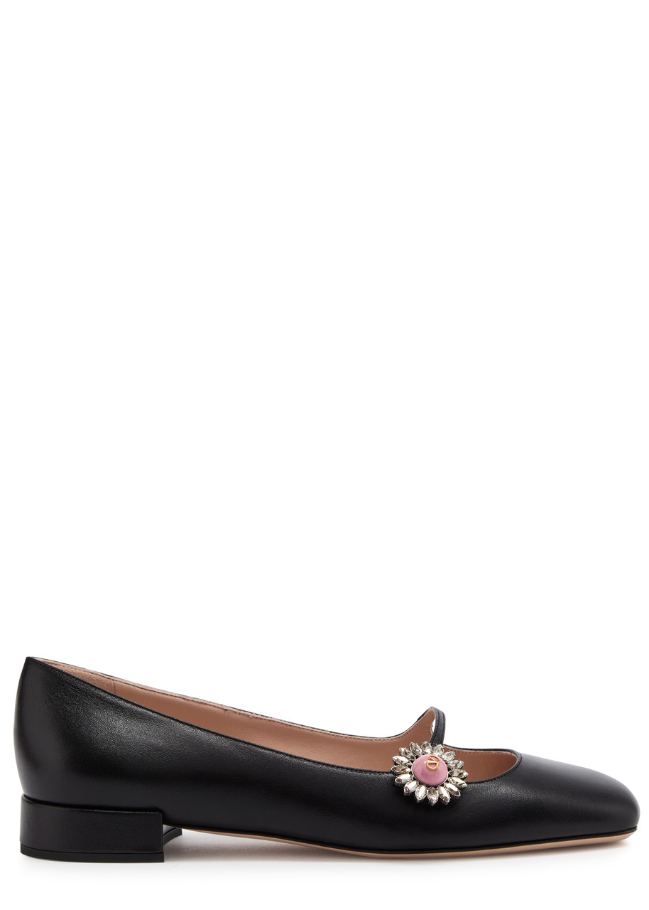 Valentino Embellished Leather Mary Jane Flats In Black