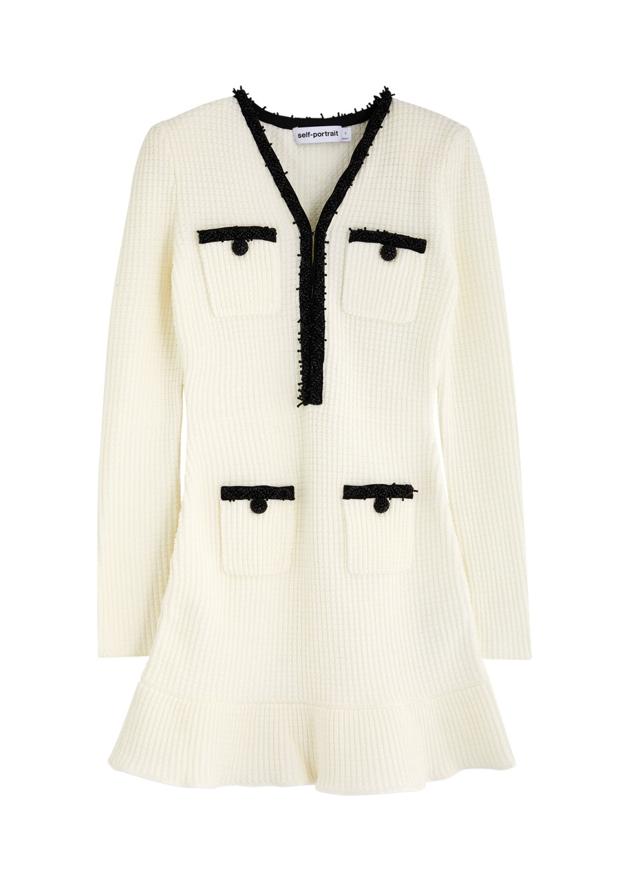 Self-portrait Pearl-trimmed Waffle-knit Mini Dress - White - S (UK8-10 / S)