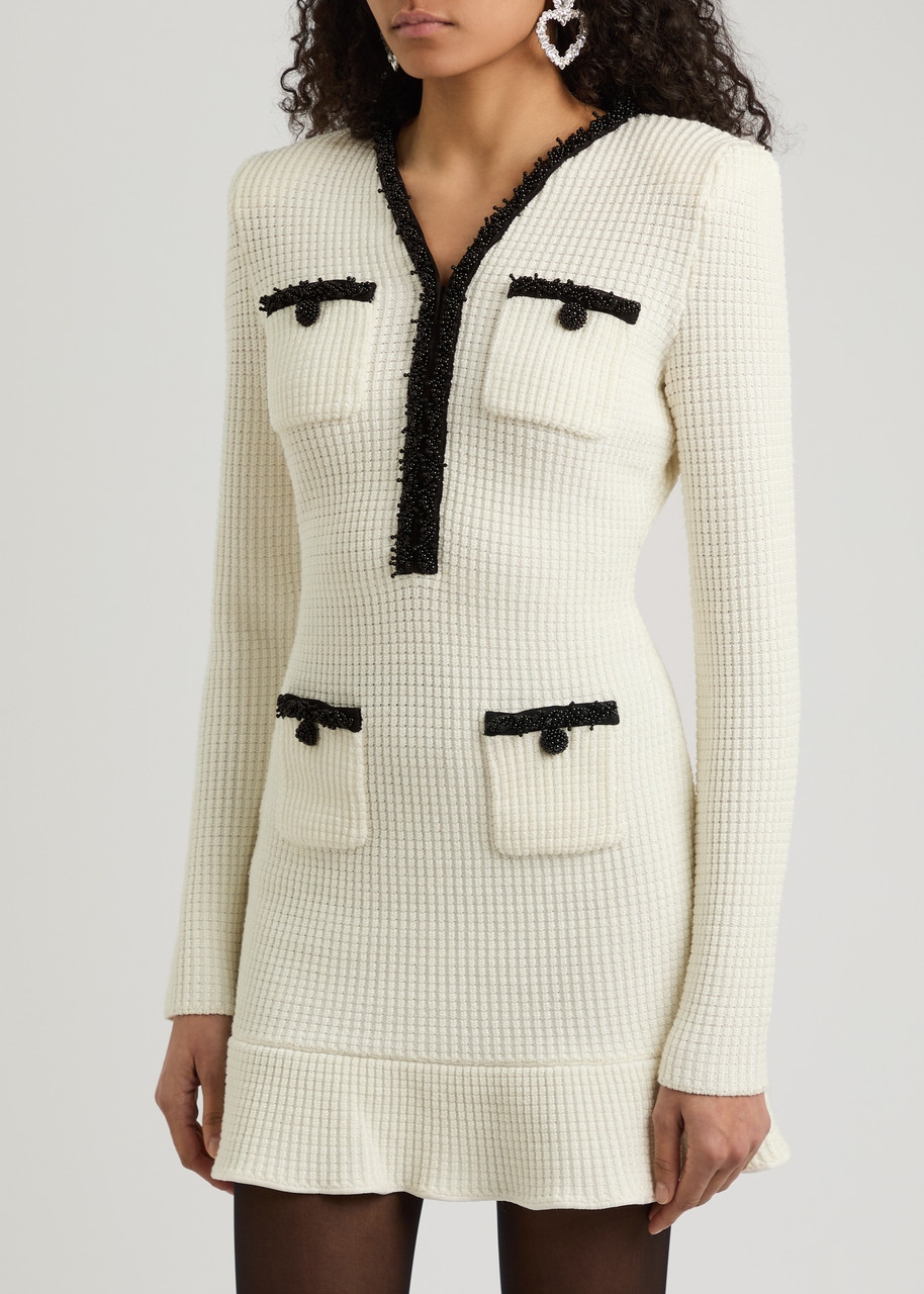 Self-portrait Textured White Dress With Beaded V-neckline In White