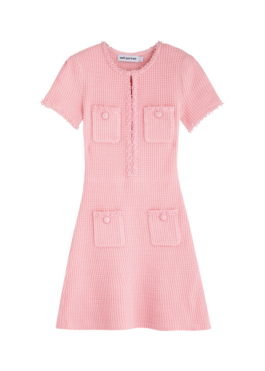 Self-portrait Womens Bead-embellished Short-sleeve Knit Mini Dress Pink In Pink