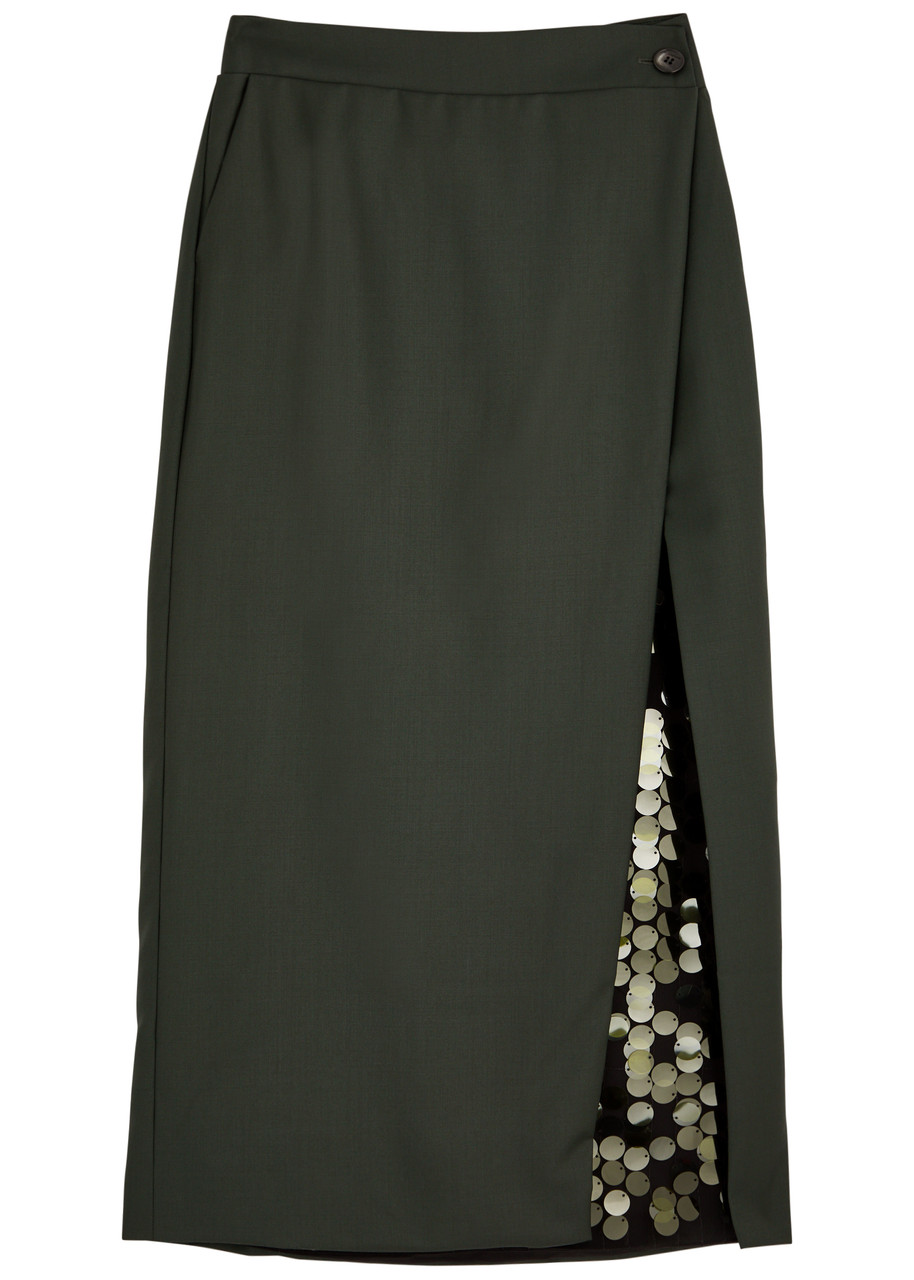 16 Arlington Beatris Embellished Wool Midi Wrap Skirt - Khaki - 6 (UK6 / XS)