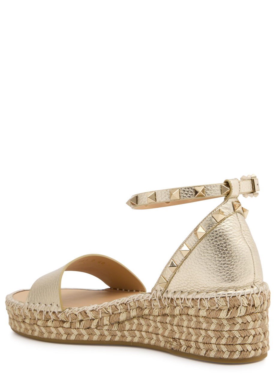 Valentino Rockstud 50 Metallic Leather Wedge Espadrilles In Gold