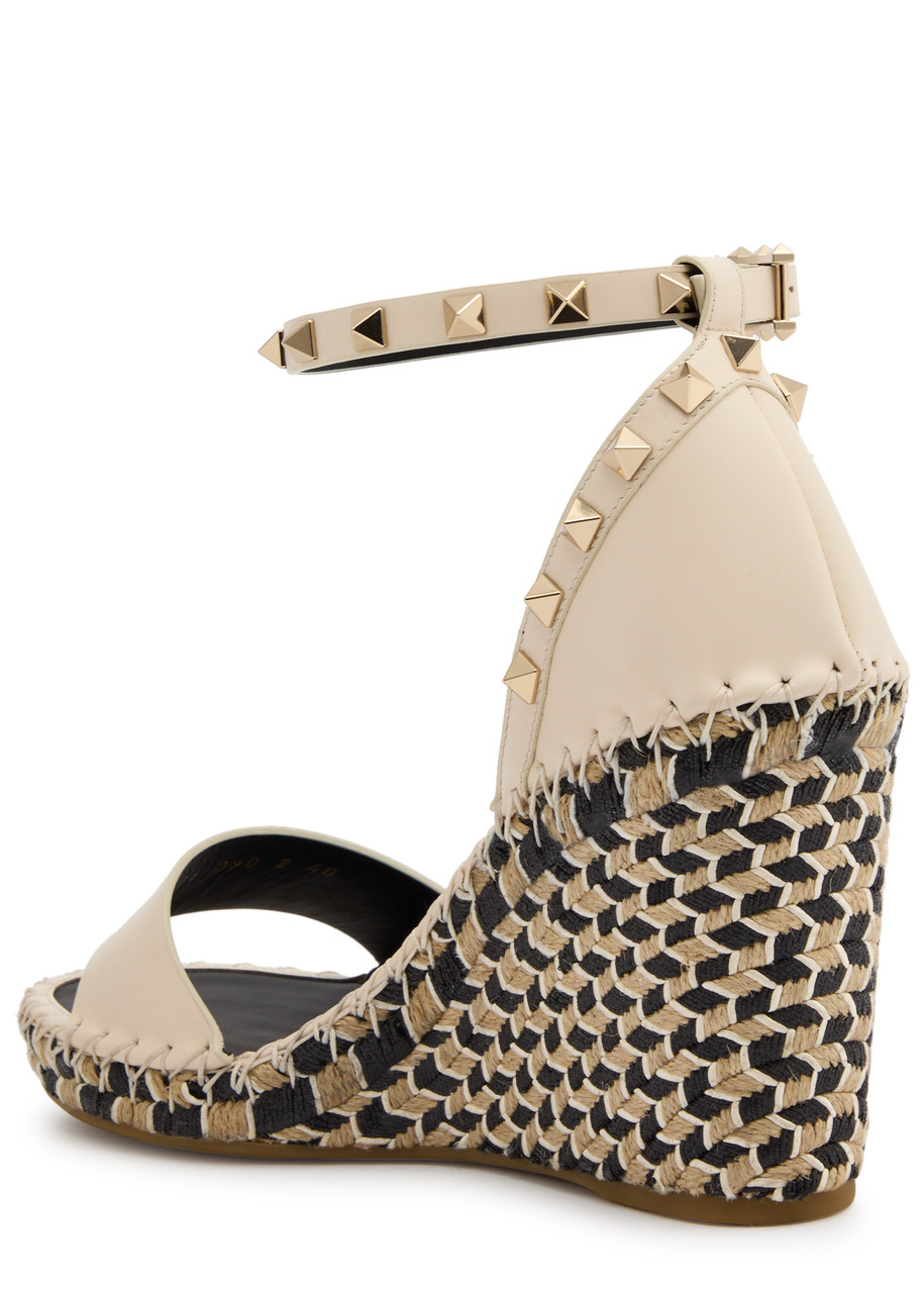 Valentino Rockstud 100 Leather Wedge Espadrilles In Ivory