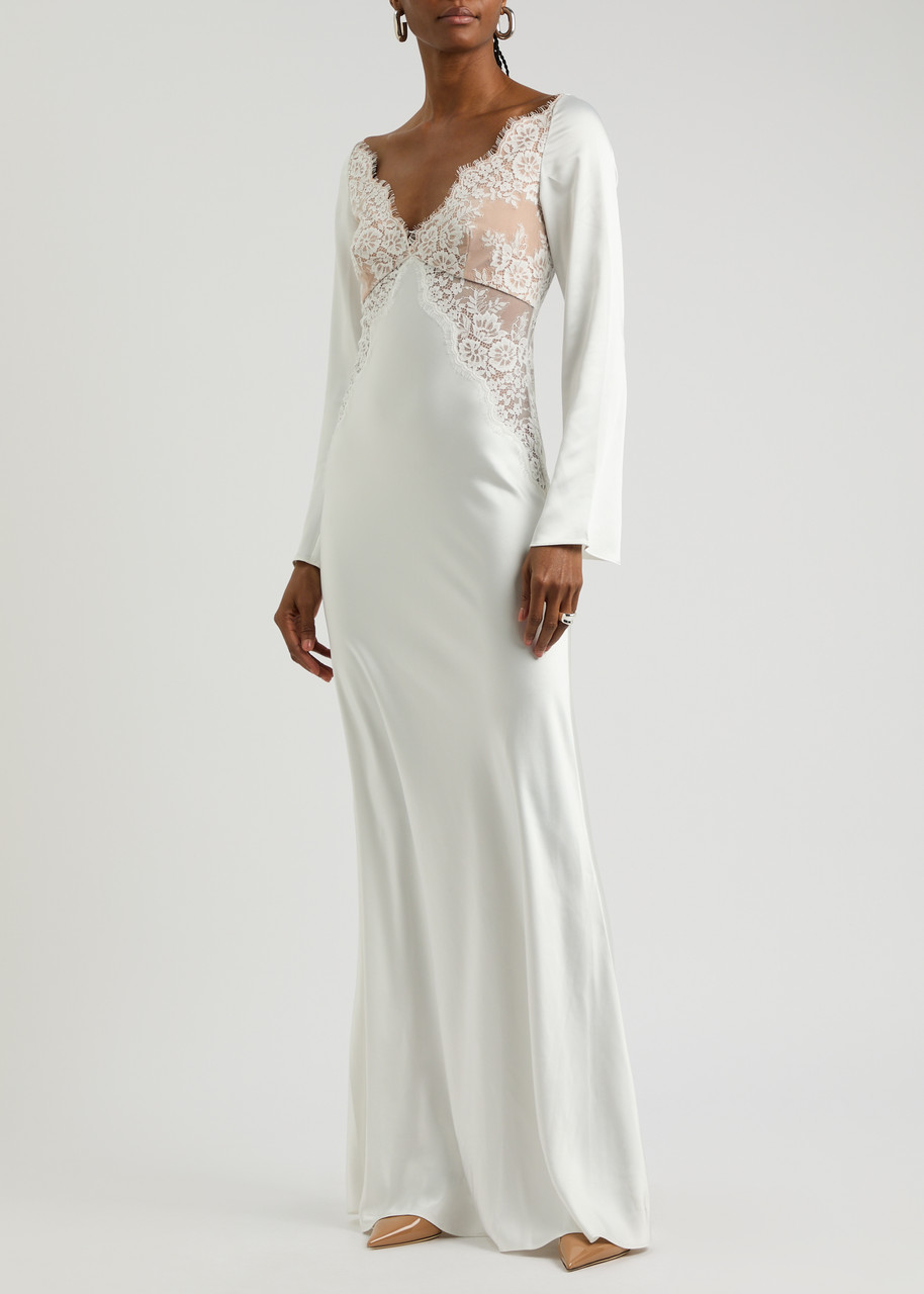 Self-portrait Lace And Satin Maxi Dress In White