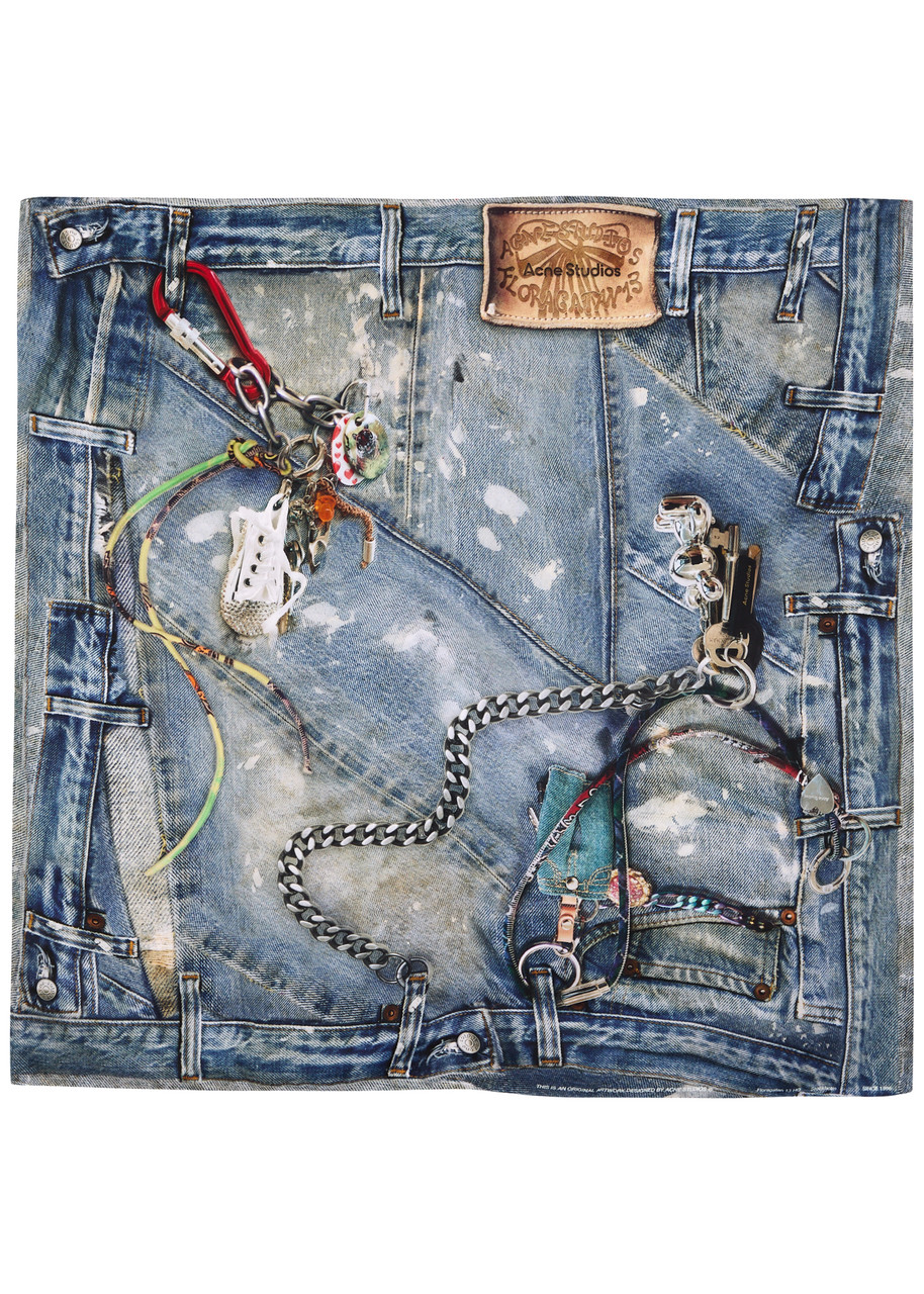 Acne Studios Jeans-print Silk-satin Scarf - Blue - One Size