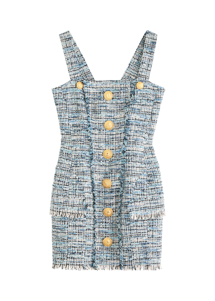 Balmain Frayed Bouclé Tweed Mini Dress - Blue - 36 (UK8 / S)