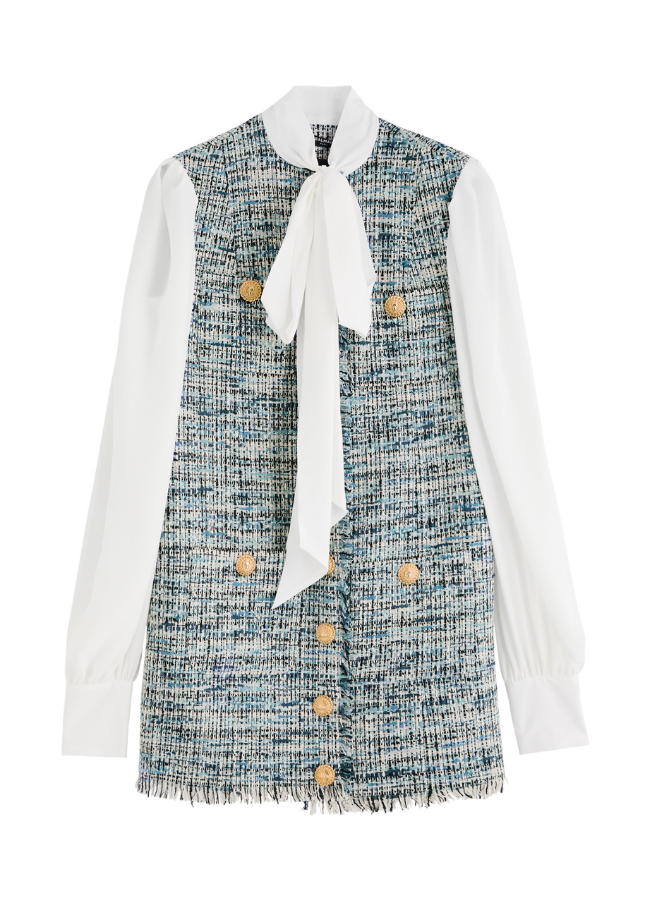 Balmain Silk and Bouclé Tweed Mini Dress - White