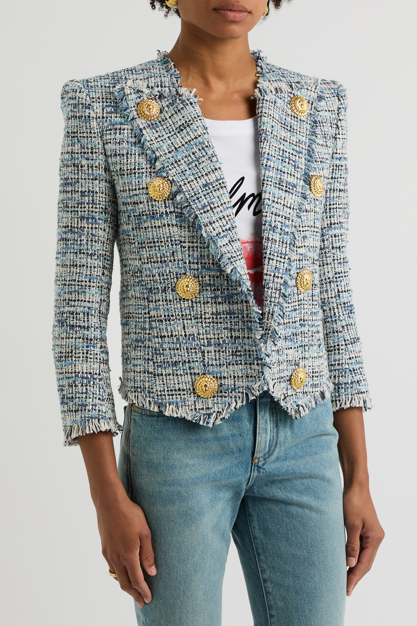 Balmain Spencer Button-embellished Frayed Cotton-blend Tweed Blazer In Blue