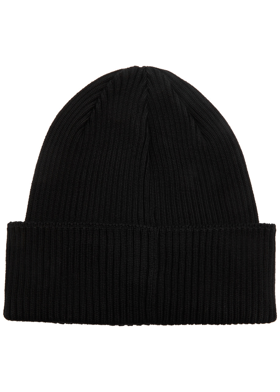 C.p. Company Black Knit Beanie With Googles Detail On The Front In Black