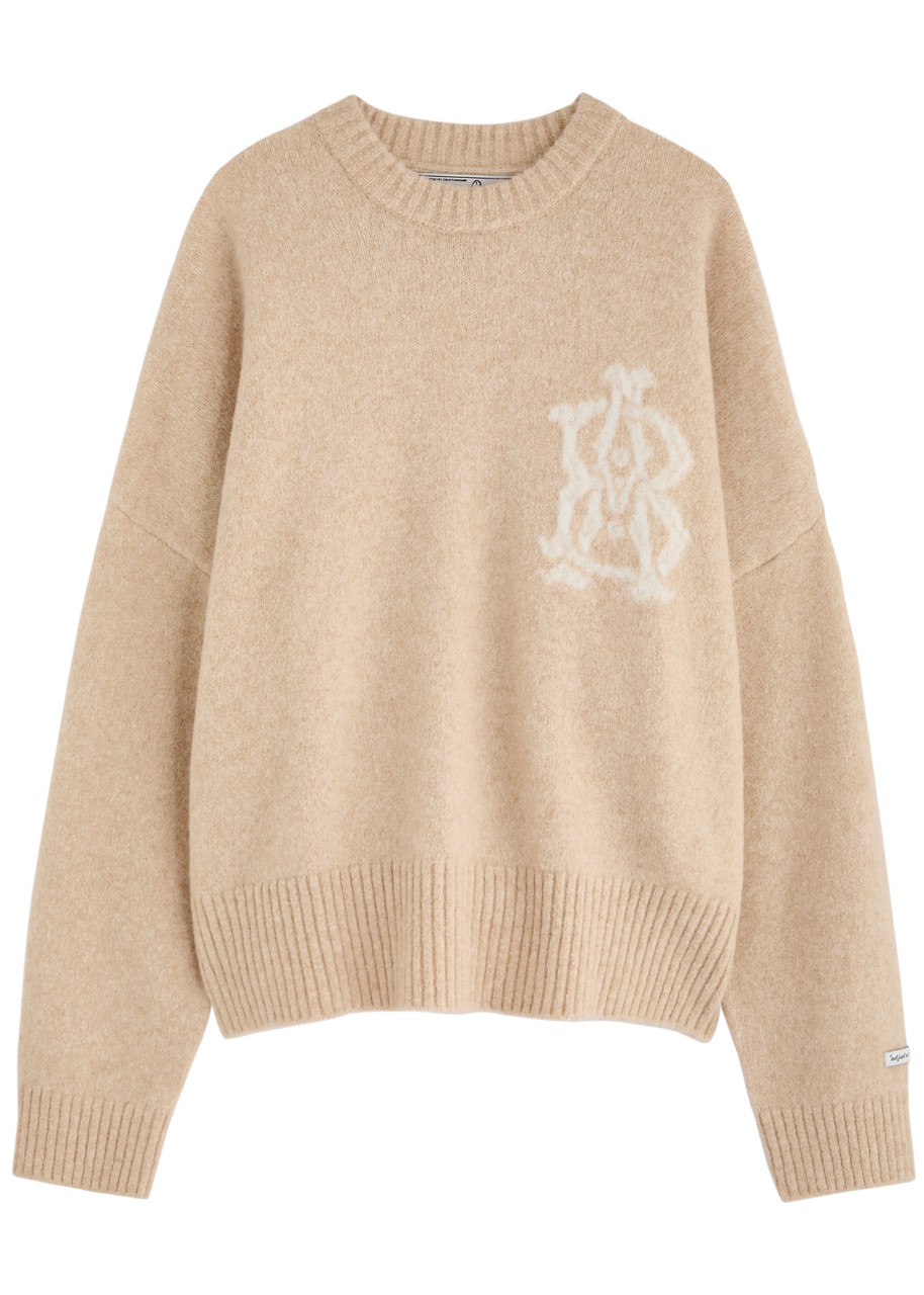 About Blank Logo-intarsia Wool-blend Jumper In Camel