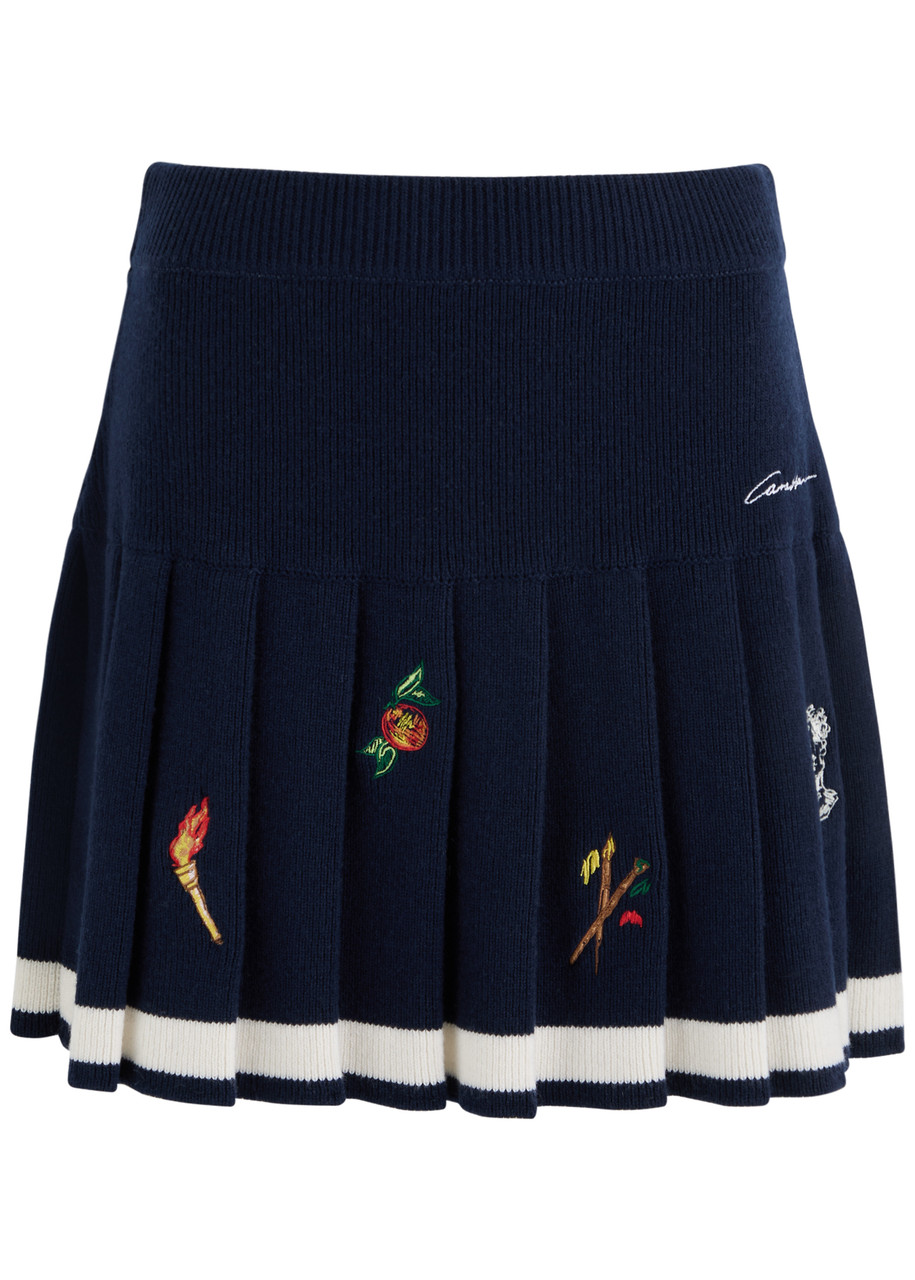 Casablanca Embroidered Pleated Wool-blend Mini Skirt In Navy