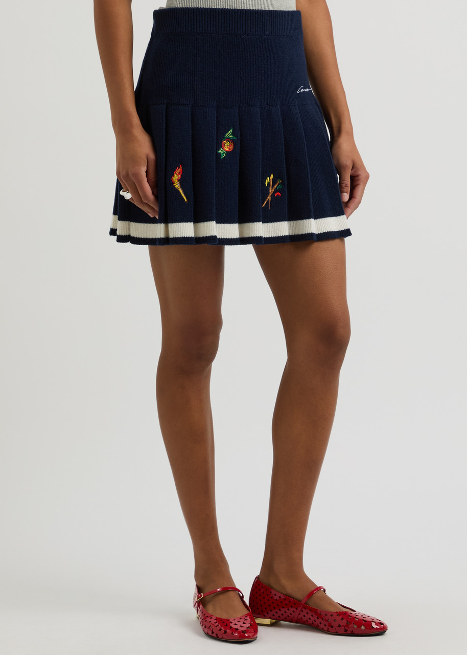 Casablanca Embroidered Pleated Wool-blend Mini Skirt In Navy