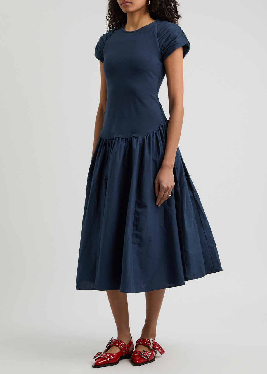 Free People Afternoon Elegance Stretch-cotton Midi Dress In Navy