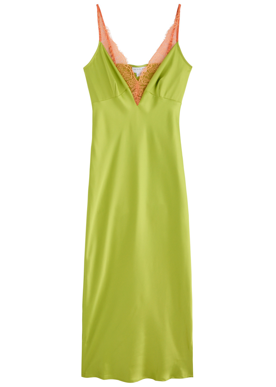 Never Fully Dressed Lily Lace-trim Satin Midi Dress - Lime