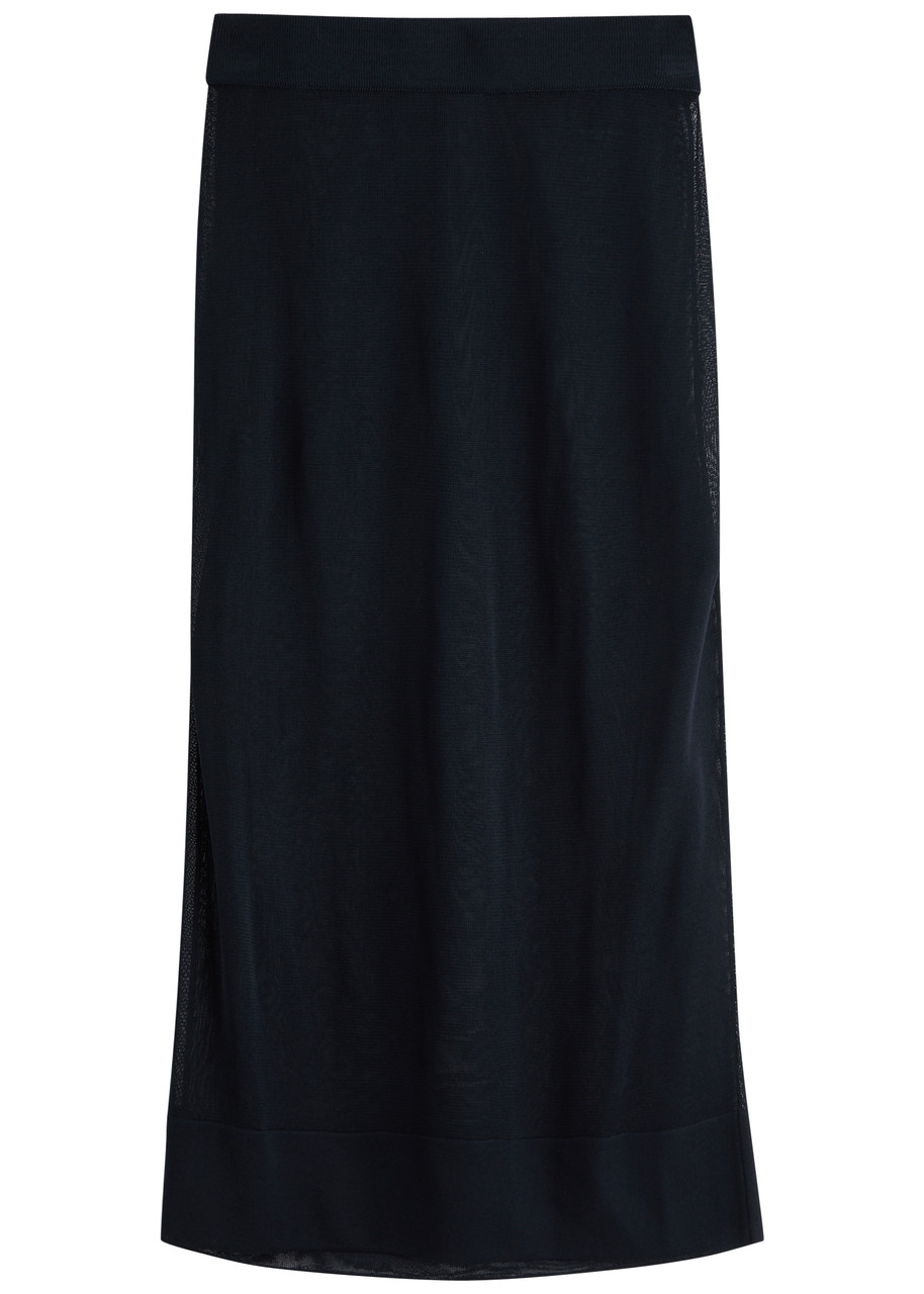 Saint Laurent Semi-sheer Knitted Midi Skirt In Navy