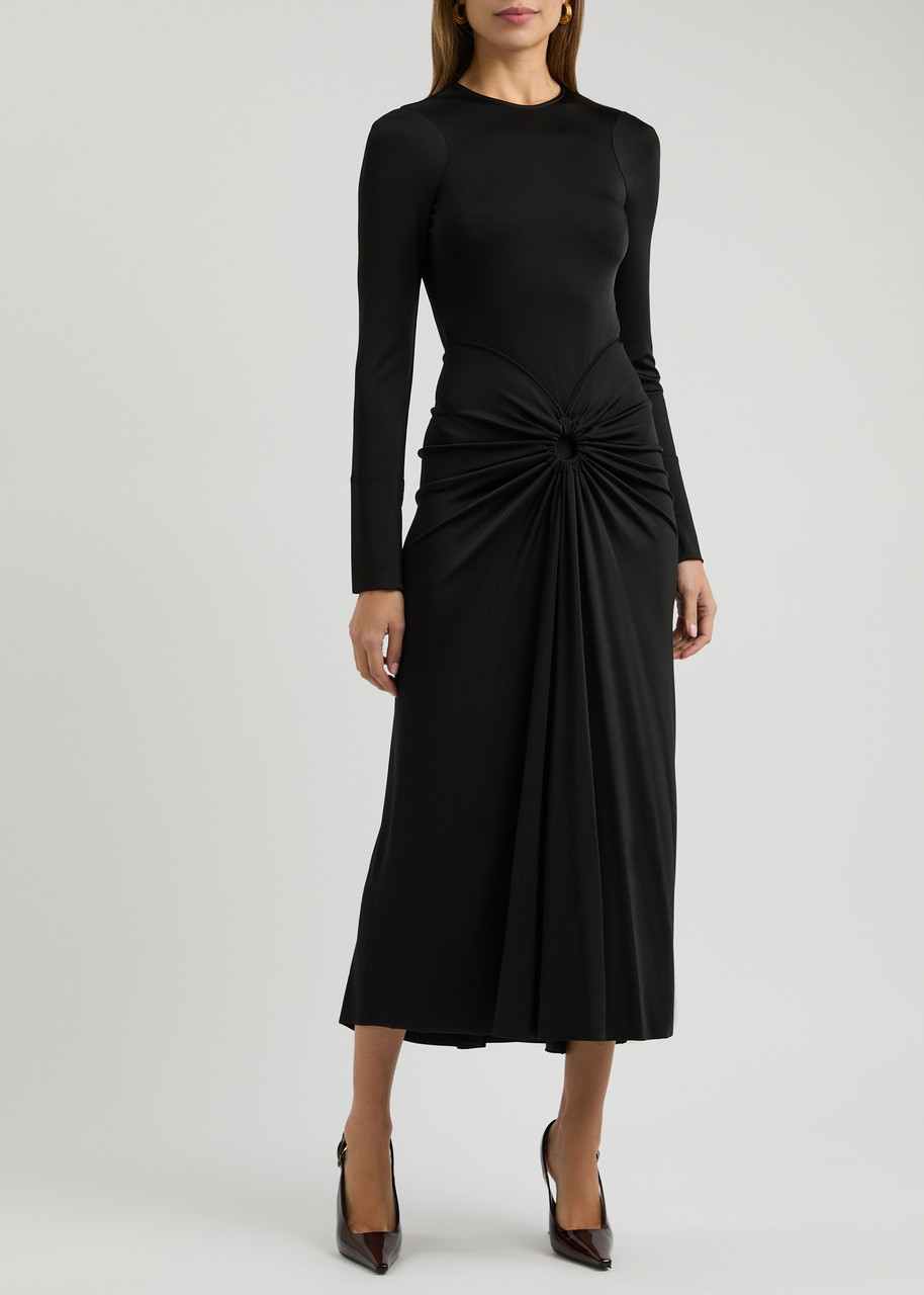 Victoria Beckham Gathered Satin-jersey Midi Dress In Black