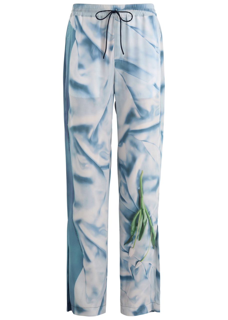 Victoria Beckham Womens Satin Flowers Ice Blue Abstract-print Two-slip-pockets Straight-leg Mid-rise Silk Trousers In Blue