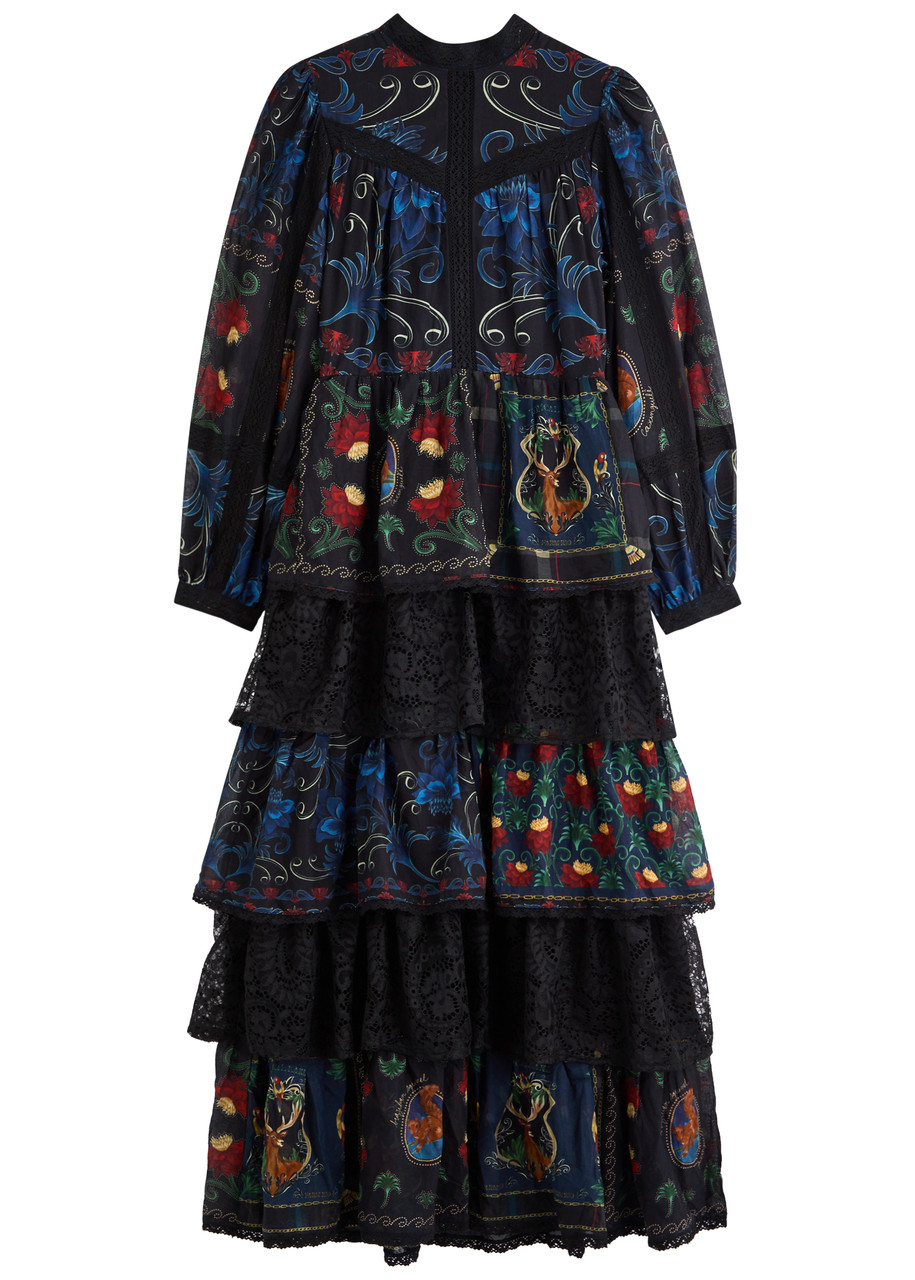 Farm Rio Printed Lace-trim Cotton Maxi Dress - Black