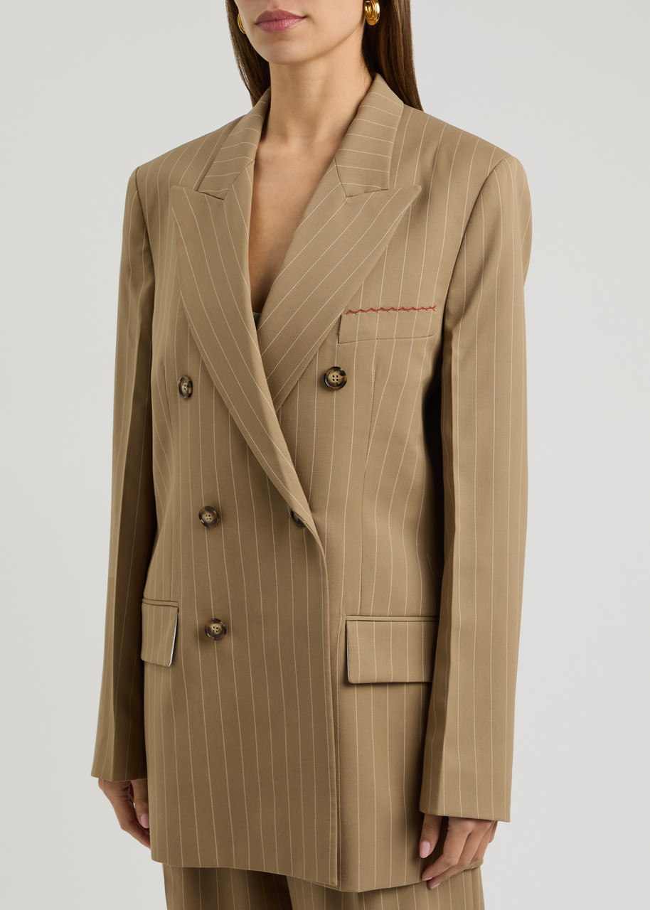 Victoria Beckham Pinstriped Double-breasted Wool Blazer In Sand