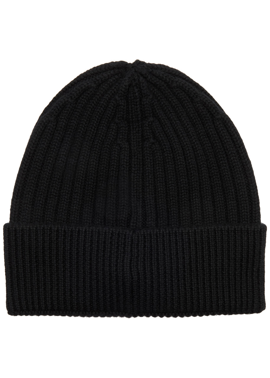 Moncler Grenoble Black Ribbed Beanie With Logo Patch In Wool Man In Black