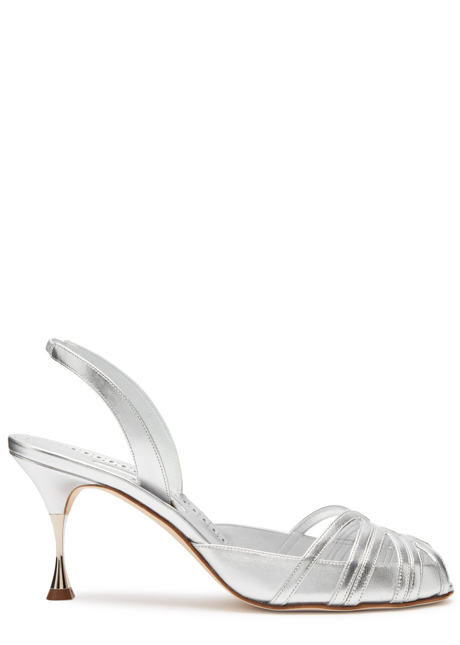 Manolo Blahnik Makanaksli 70 Metallic Leather Slingback Pumps - Silver
