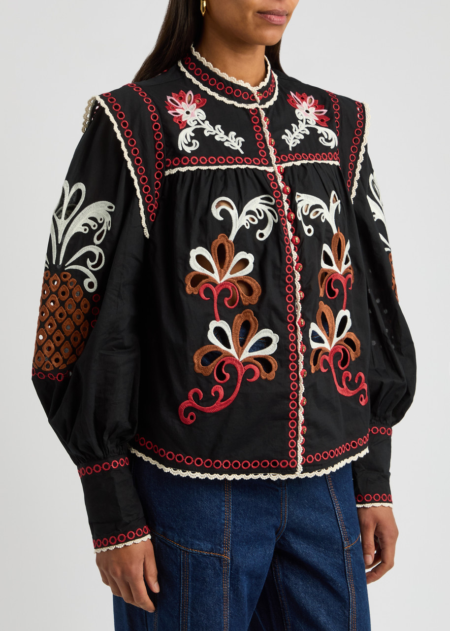 Farm Rio Broderie-anglaise Cotton Blouse In Black
