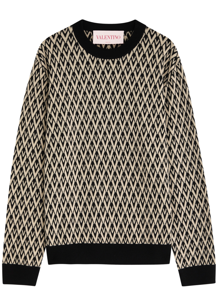 Valentino Garavani Monogrammed-intarsia Wool Jumper – Black – XL Valentino Garavani Monogrammed-intarsia Wool Jumper – Black – XL
