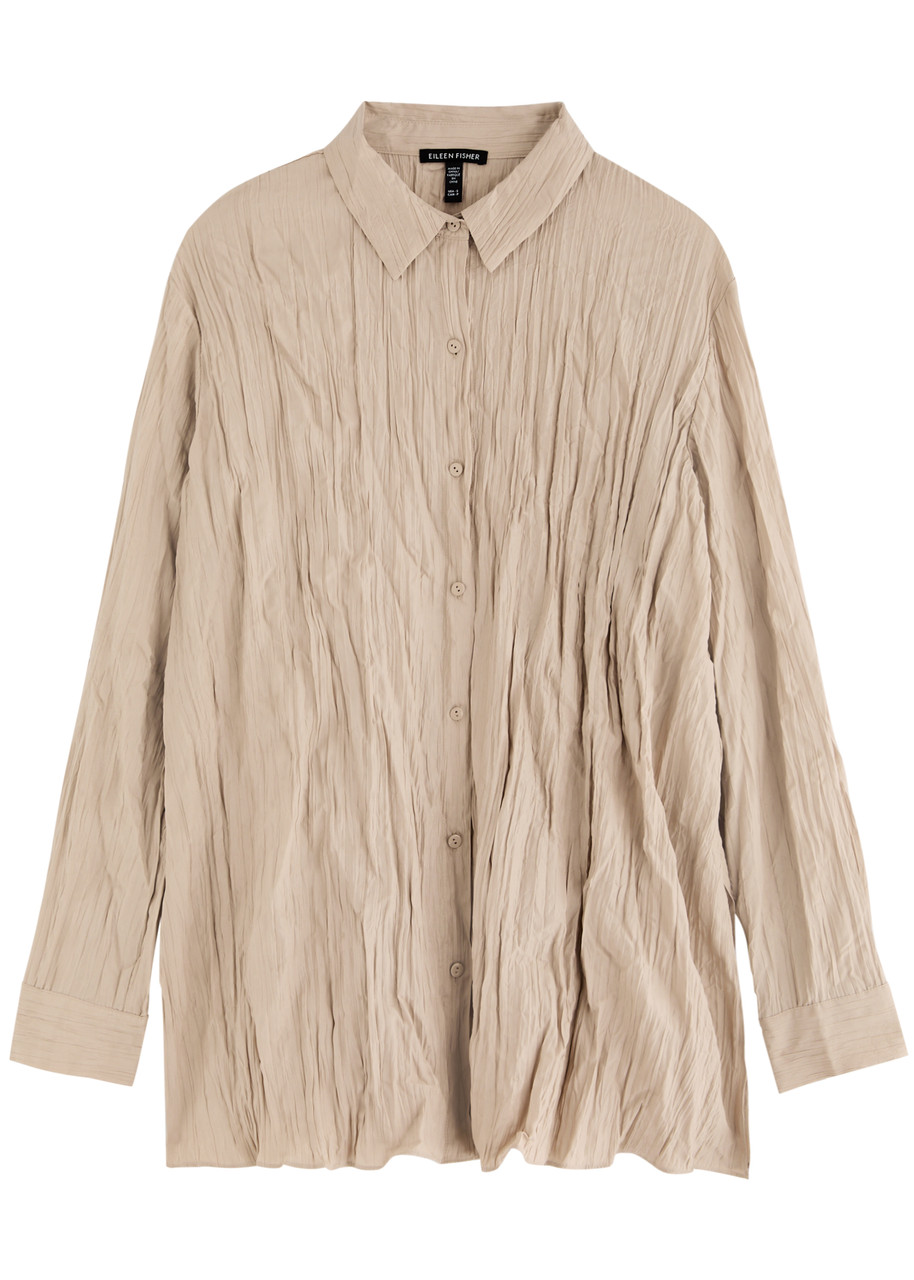 Eileen Fisher Classic Collar Crinkle Silk Shirt In Beige