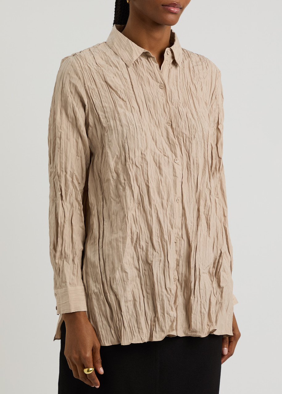 Eileen Fisher Classic Collar Crinkle Silk Shirt In Beige