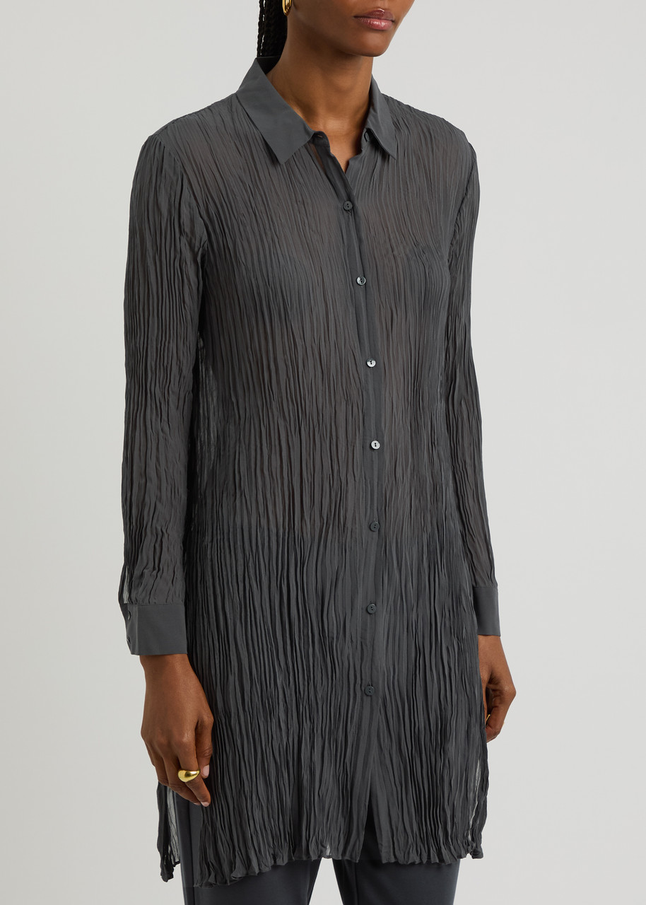 Eileen Fisher Semi-sheer Plissé Silk-chiffon Shirt In Grey