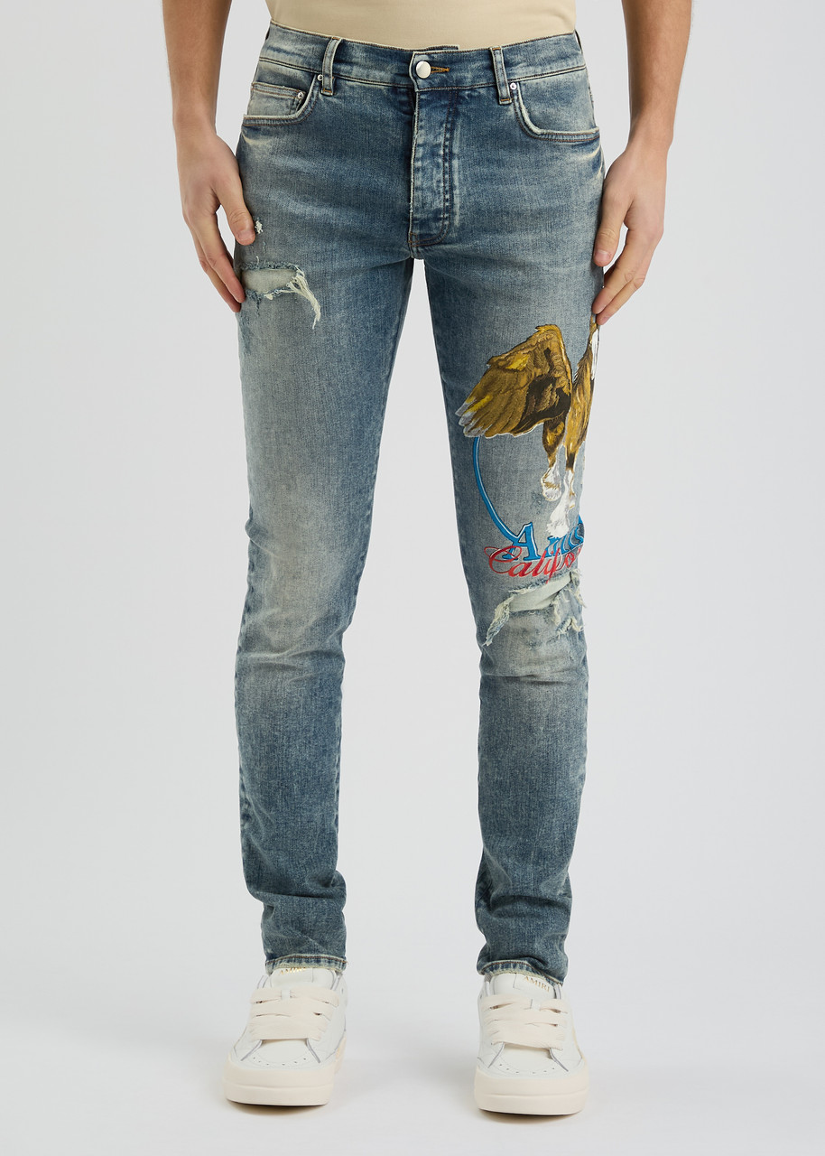 Amiri Pegasus Distressed Skinny Jeans In Indigo