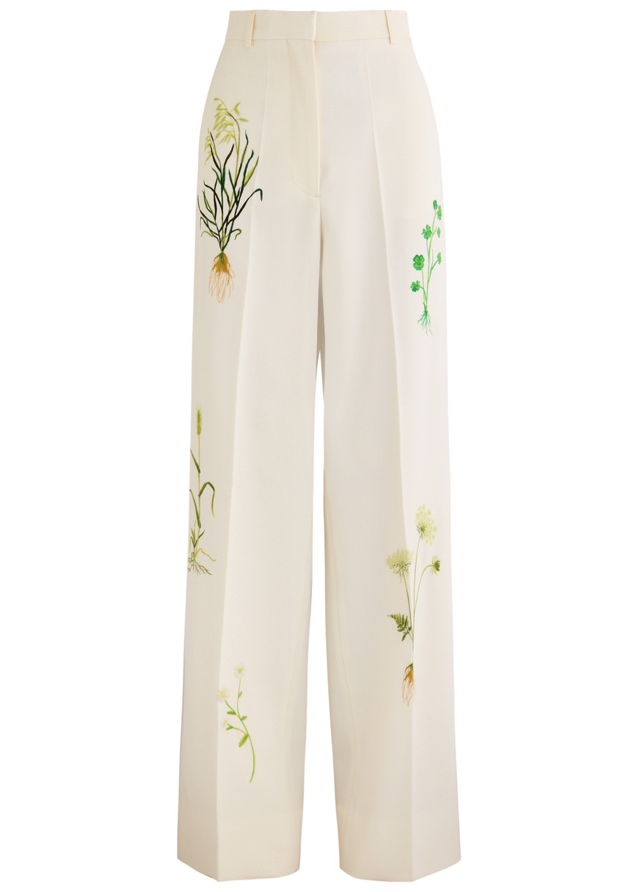 Stella Mccartney Floral-embroidered Stretch-wool Trousers In Cream