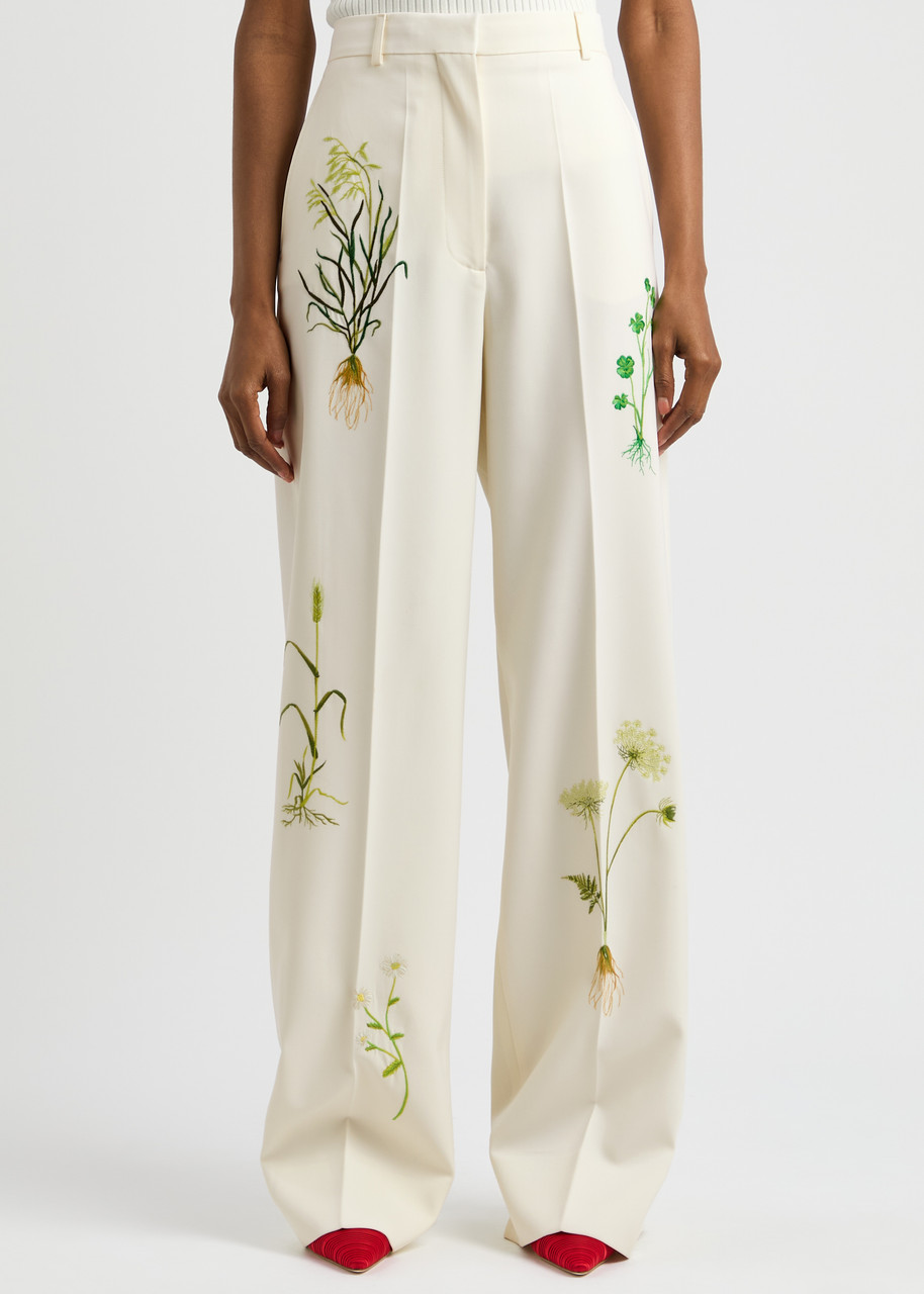 Stella Mccartney Floral-embroidered Stretch-wool Trousers In Cream