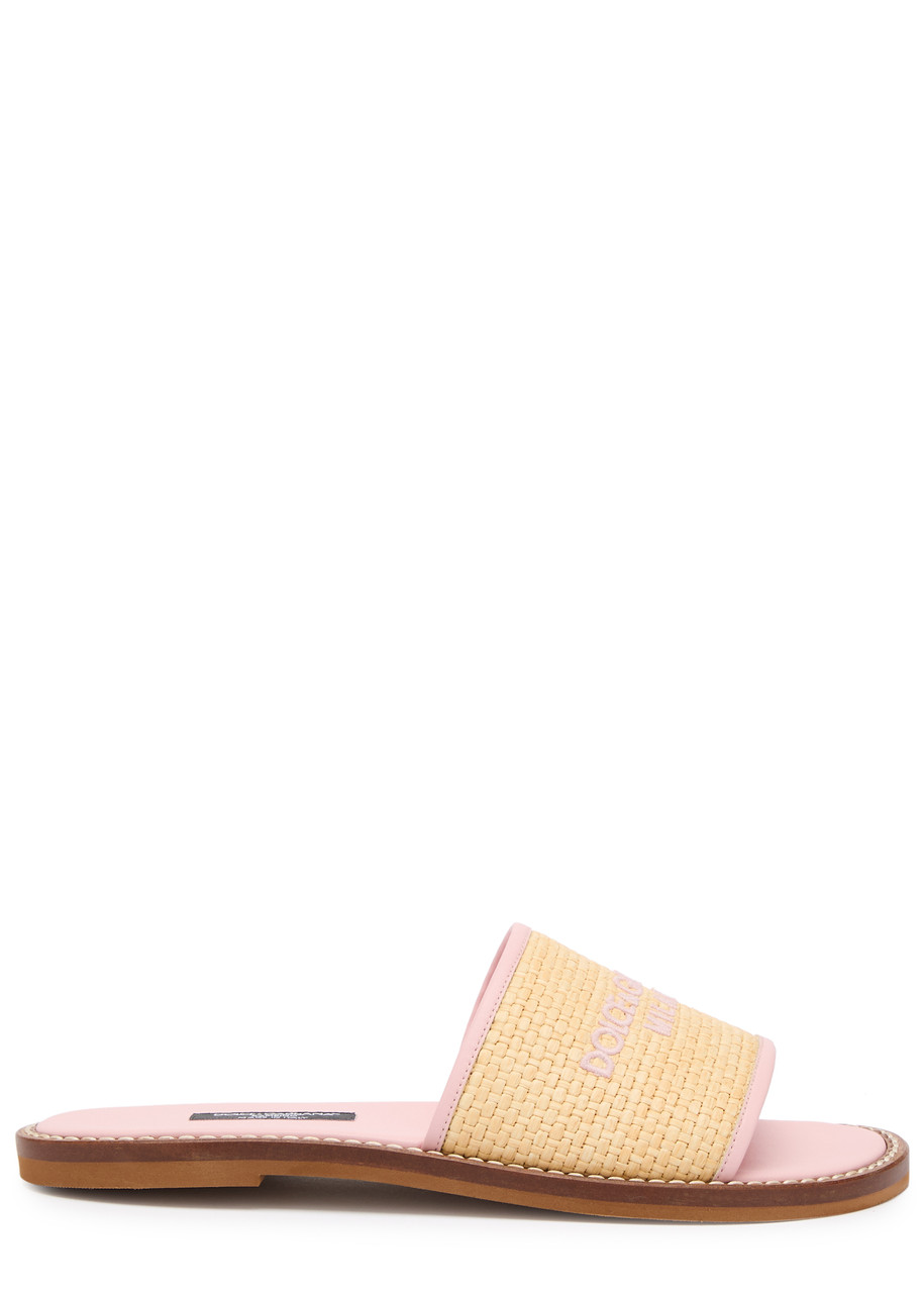 Dolce & Gabbana Kids Logo Raffia and Leather Sliders (IT37-IT38) - Yellow