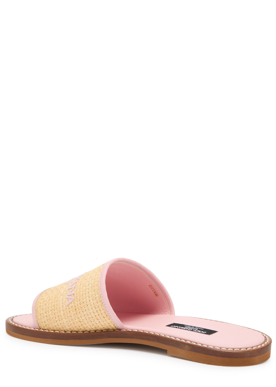 Dolce & Gabbana Kids Logo Raffia And Leather Sliders (it37-it38) In Yellow