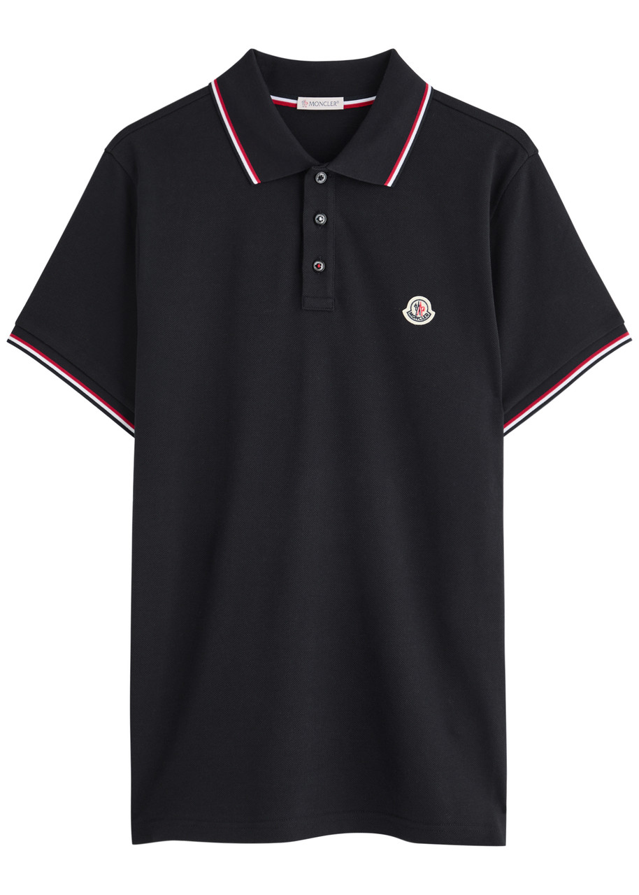Moncler Cotton Piquet Polo Shirt With Tricolour Finishes In Black