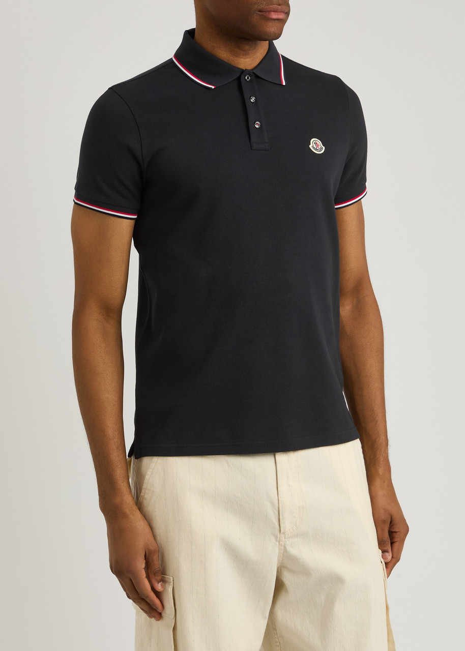 Moncler Cotton Piquet Polo Shirt With Tricolour Finishes In Black