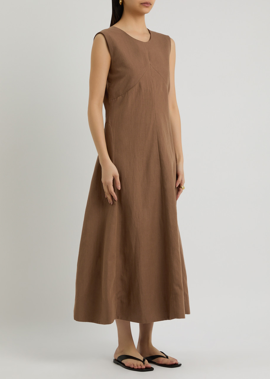 Skall Studio Antonia Linen-blend Midi Dress In Brown