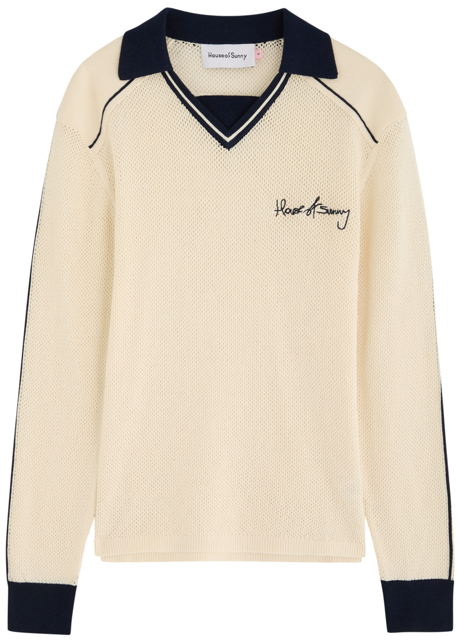 House Of Sunny Keepers Open-knit Cotton Polo Jumper In Cream