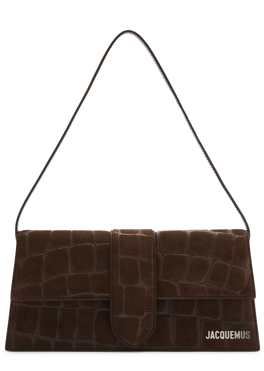 Jacquemus Le Bambino Long Crocodile-effect Suede Shoulder Bag In Brown Dark