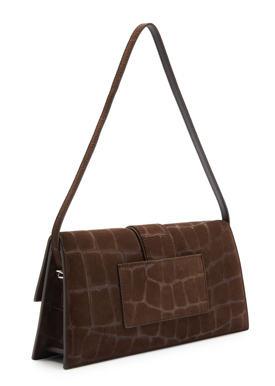 Jacquemus Le Bambino Long Crocodile-effect Suede Shoulder Bag In Brown Dark