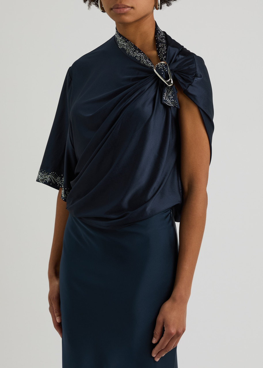 Rabanne Crystal-embellished Satin-jersey Top In Navy