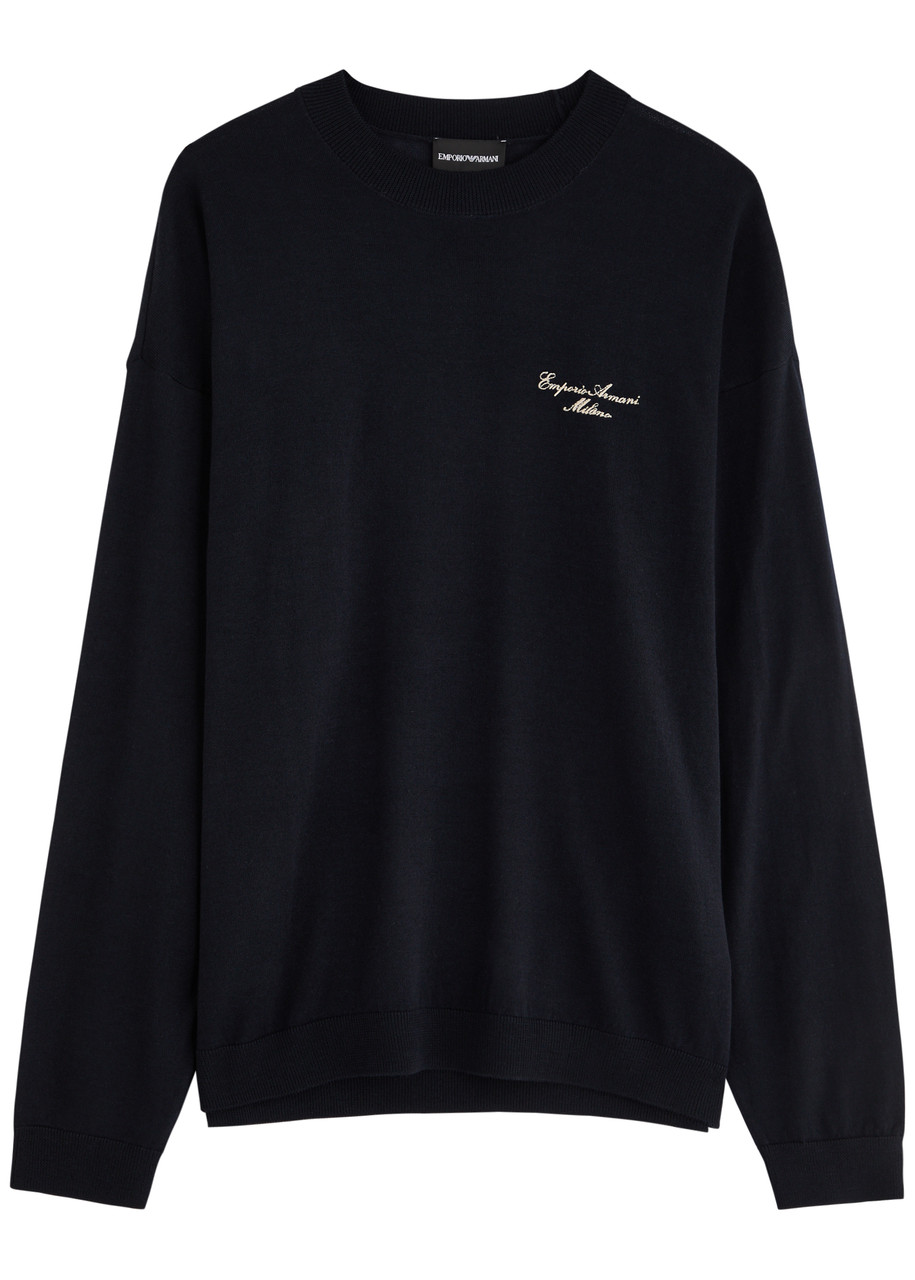Emporio Armani Logo-embroidered Wool Jumper In Navy