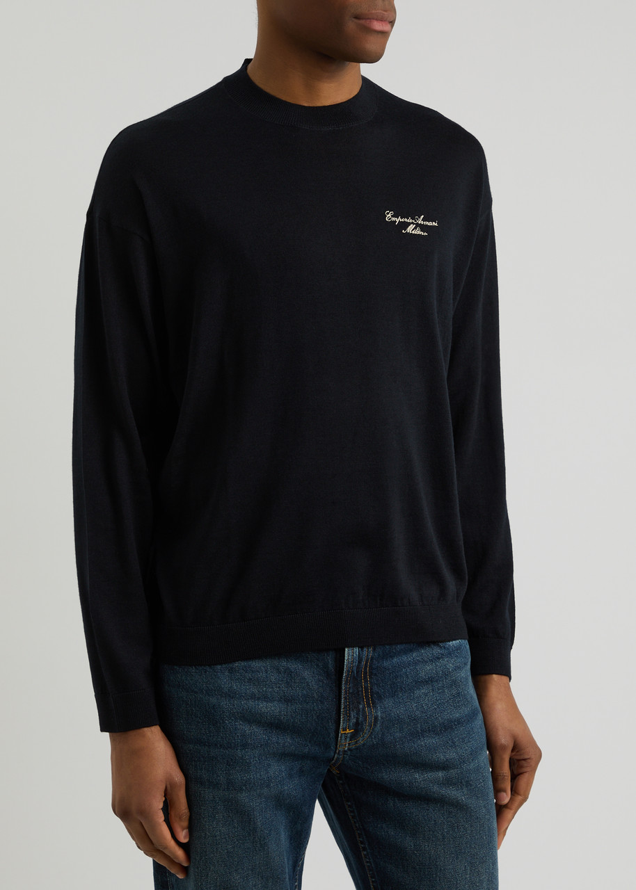 Emporio Armani Logo-embroidered Wool Jumper In Navy
