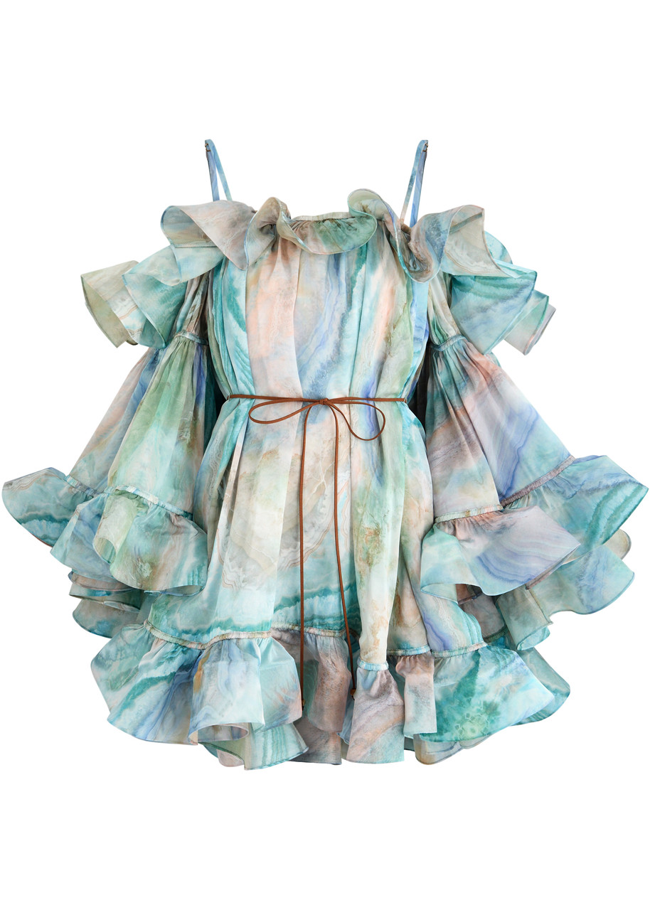 Zimmermann Illuminate Flounce Off-the-shoulder Ruffled Silk Mini Dress - Blue