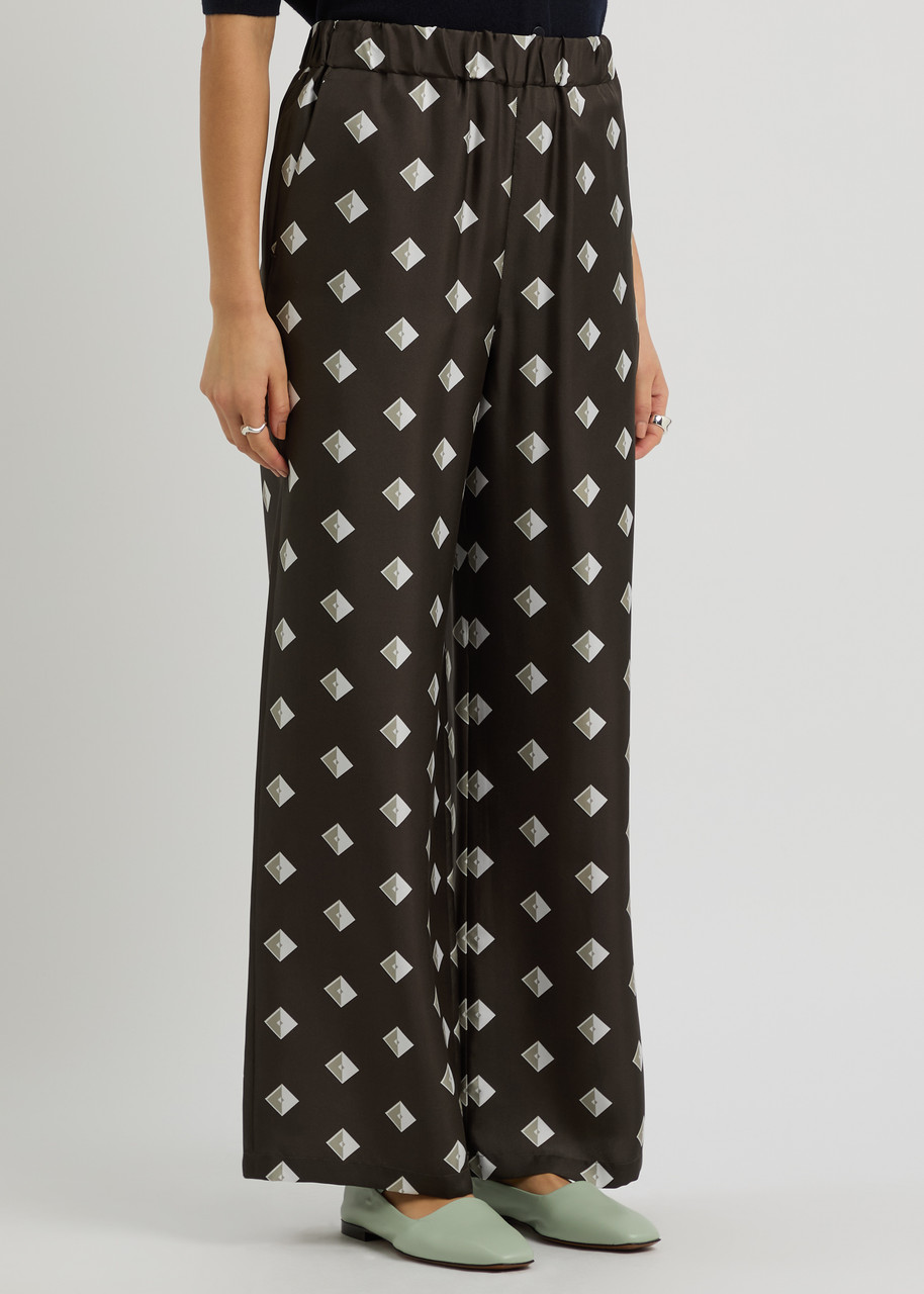 Mm Printed Wide-leg Silk-twill Trousers In Brown