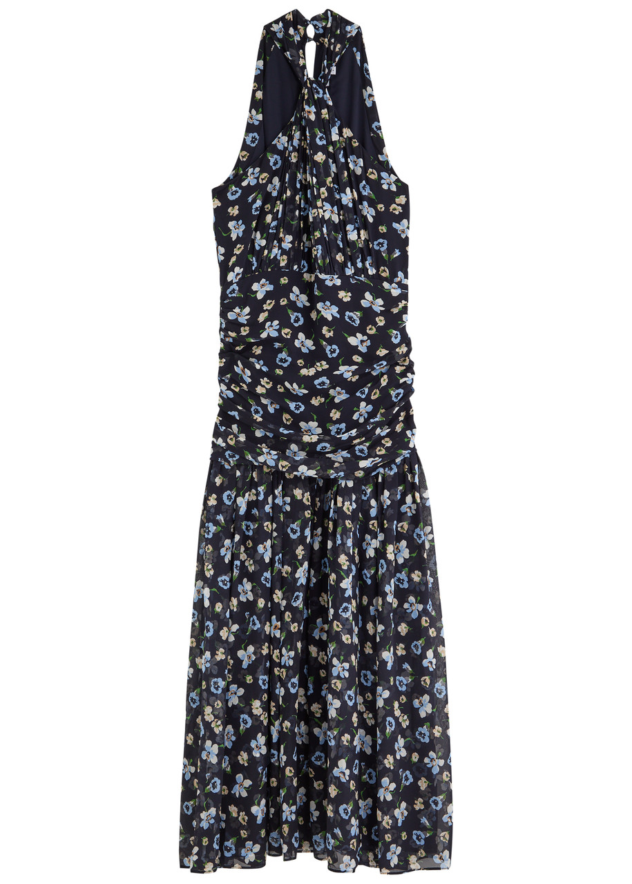 Veronica Beard Brock Floral-print Silk-chiffon Maxi Dress In Navy