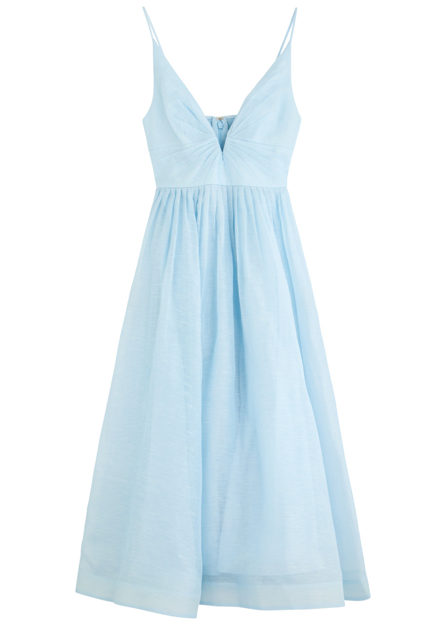 Zimmermann Illuminate Pleated Linen-blend Midi Dress In Blue