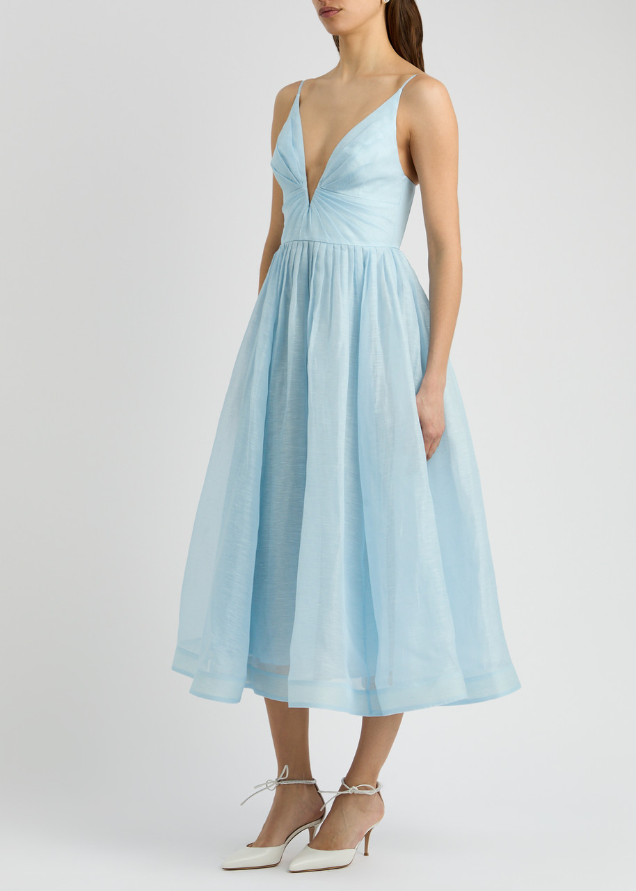 Zimmermann Illuminate Pleated Linen-blend Midi Dress In Blue
