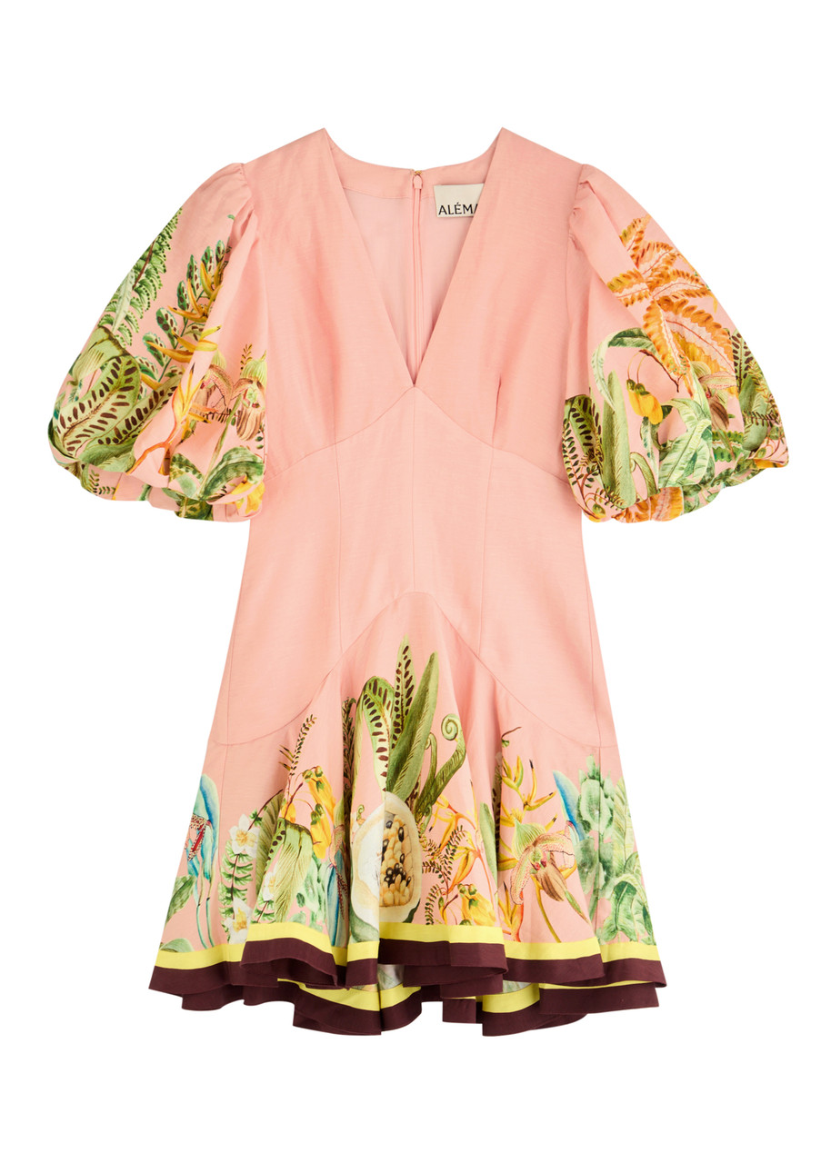 Alemais Papaya Printed Linen-blend Mini Dress In Pink